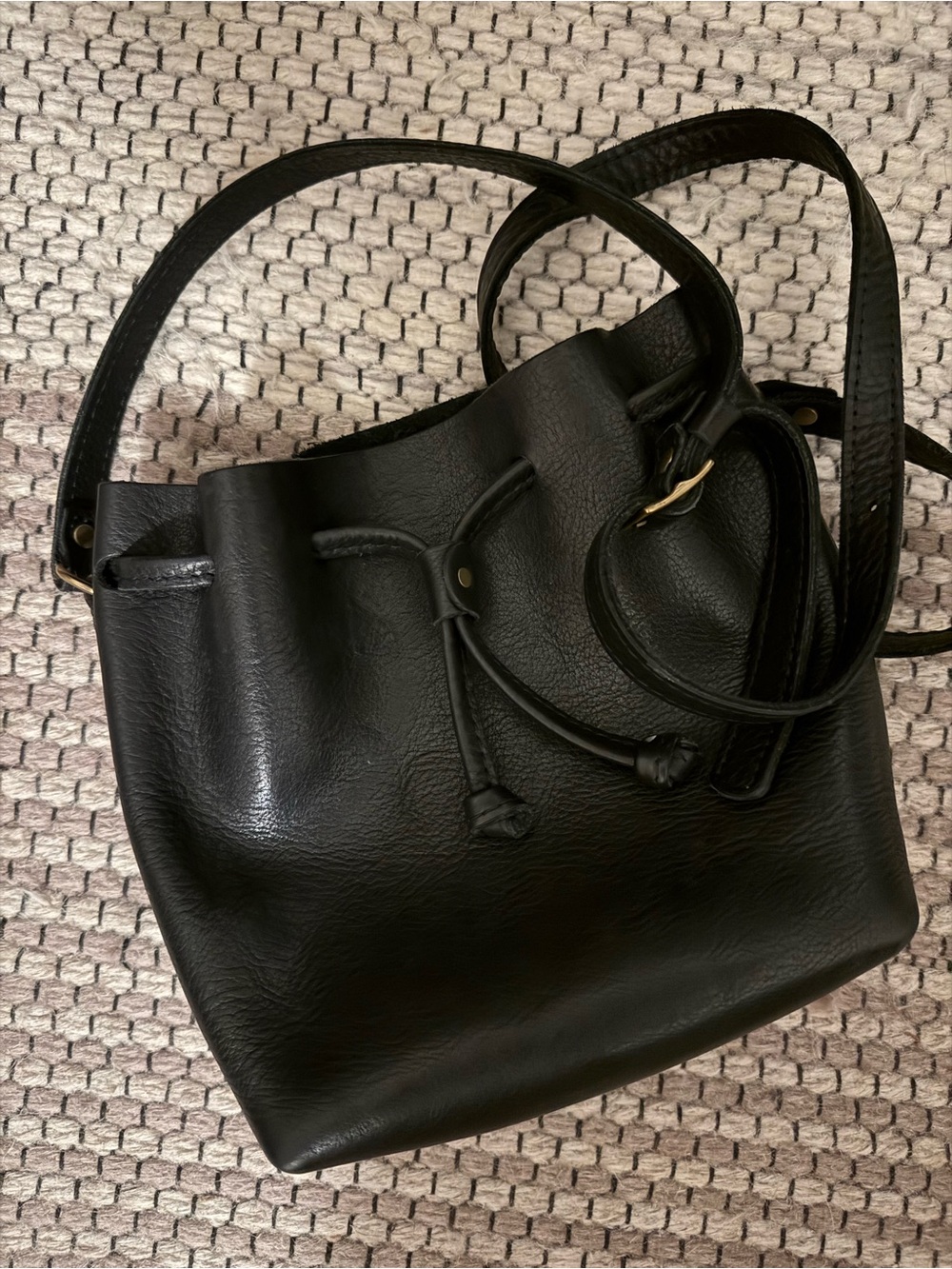 Portland Leather Black Drawstring Crossbody Bucket Bag